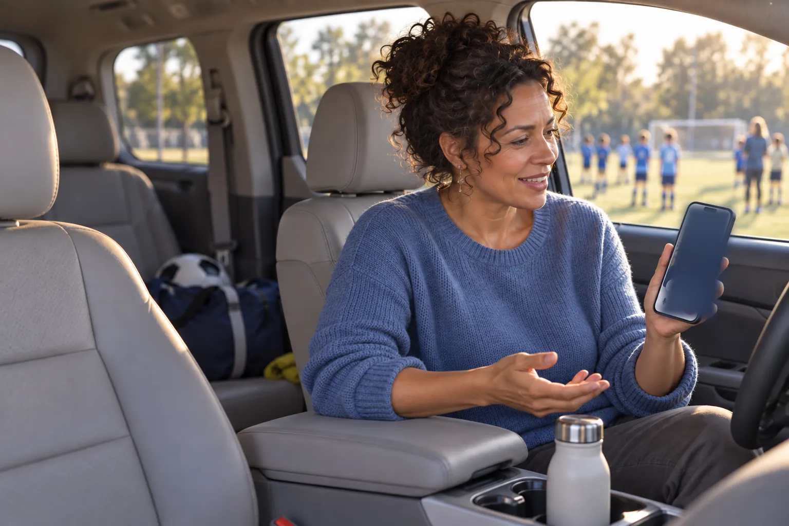 A woman in a parked minivan beside a soccer field, talking with her mentor on a GoLaborate call.