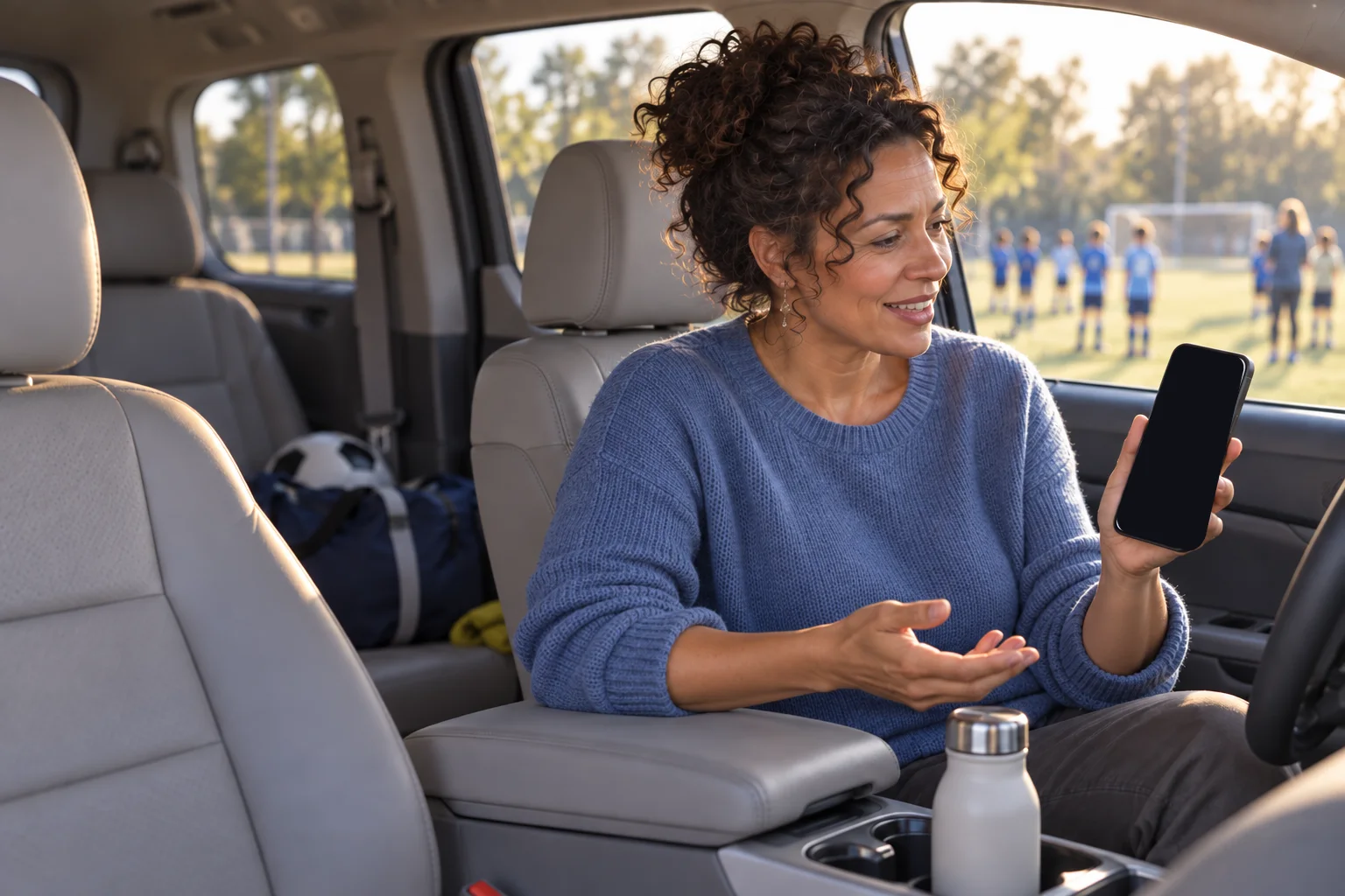 A woman in a parked minivan beside a soccer field, talking with her mentor on a GoLaborate call.