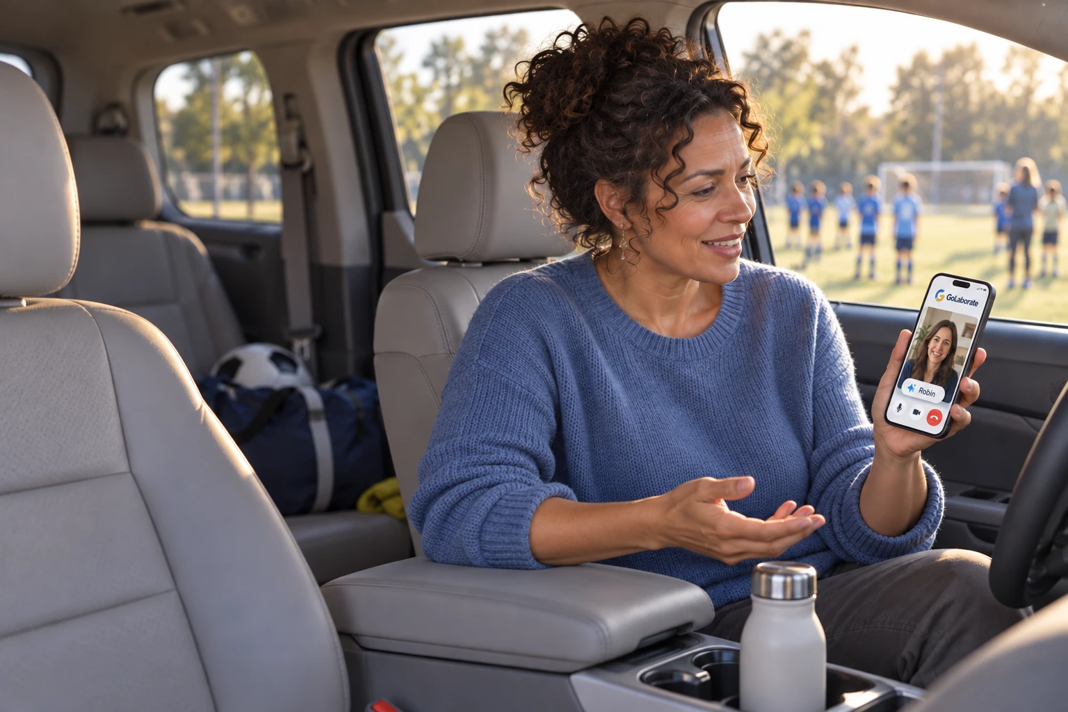 A woman in a parked minivan beside a soccer field, talking with her mentor on a GoLaborate call.