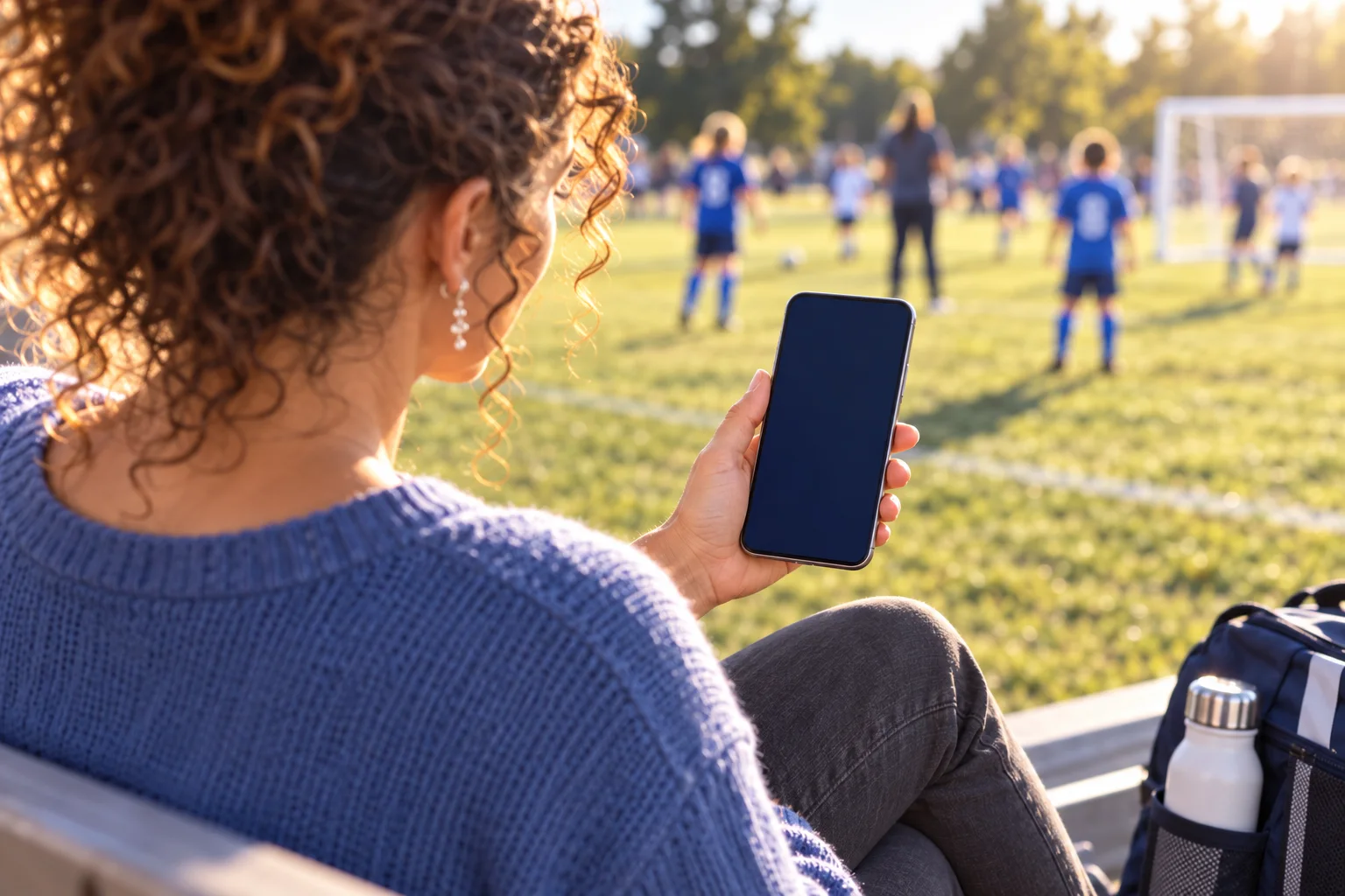 Over her shoulder, a woman reads a training step on her phone while seated beside a soccer field.