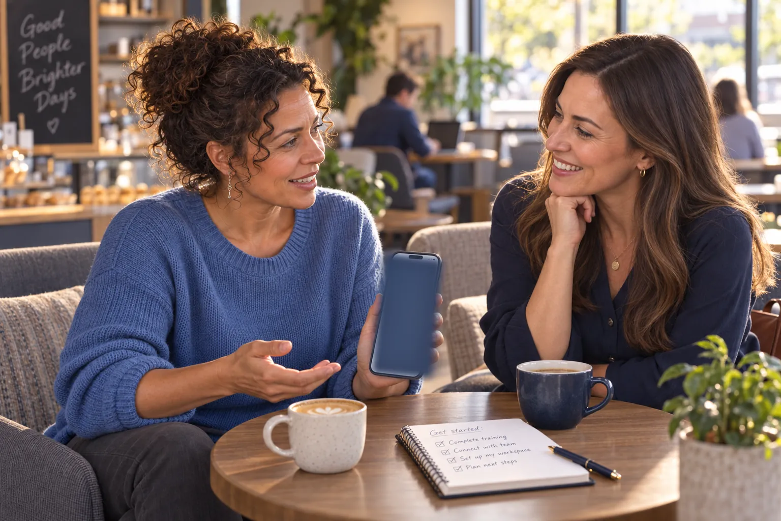 Two women training together at a cafe table, the next step open on a phone between them.