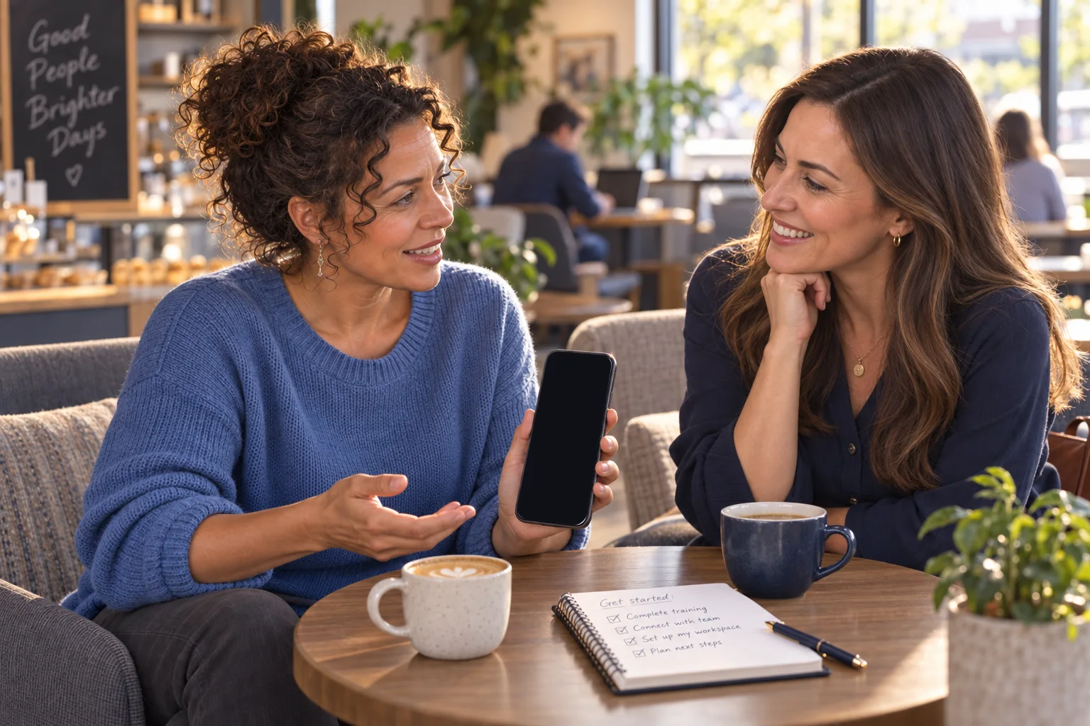 Two women training together at a cafe table, the next step open on a phone between them.