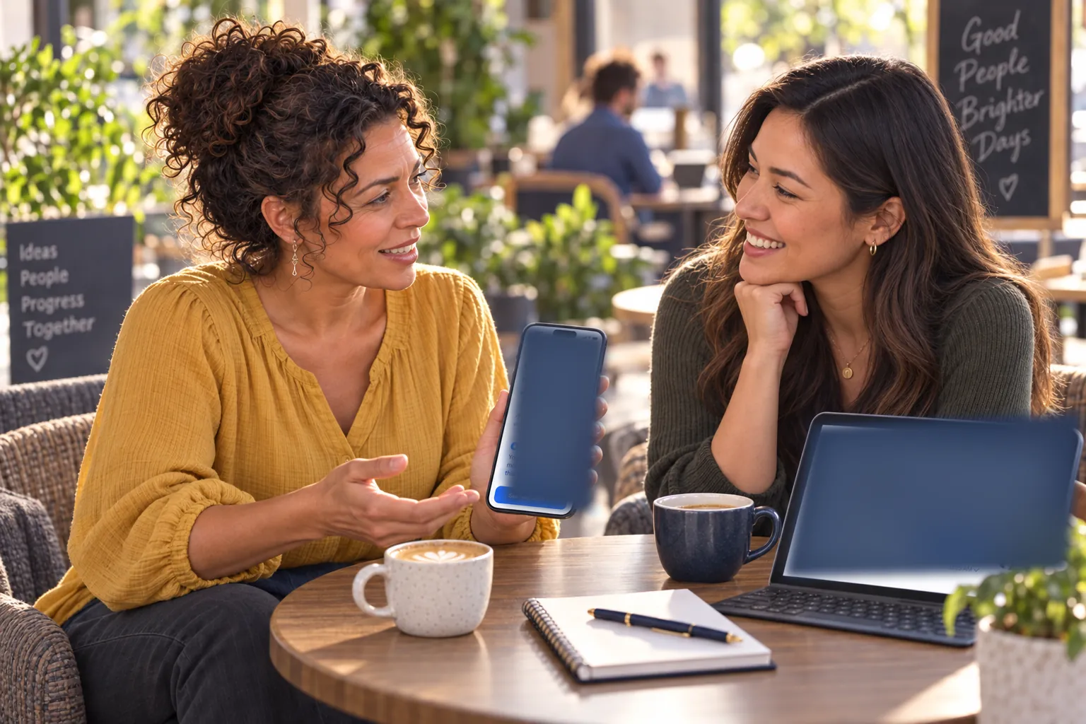 Two teammates at a cafe table talking over their team's numbers, a phone and a tablet open between them.