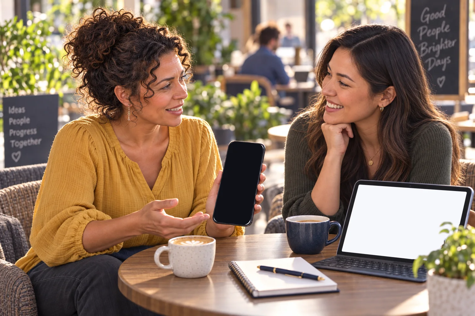 Two teammates at a cafe table talking over their team's numbers, a phone and a tablet open between them.