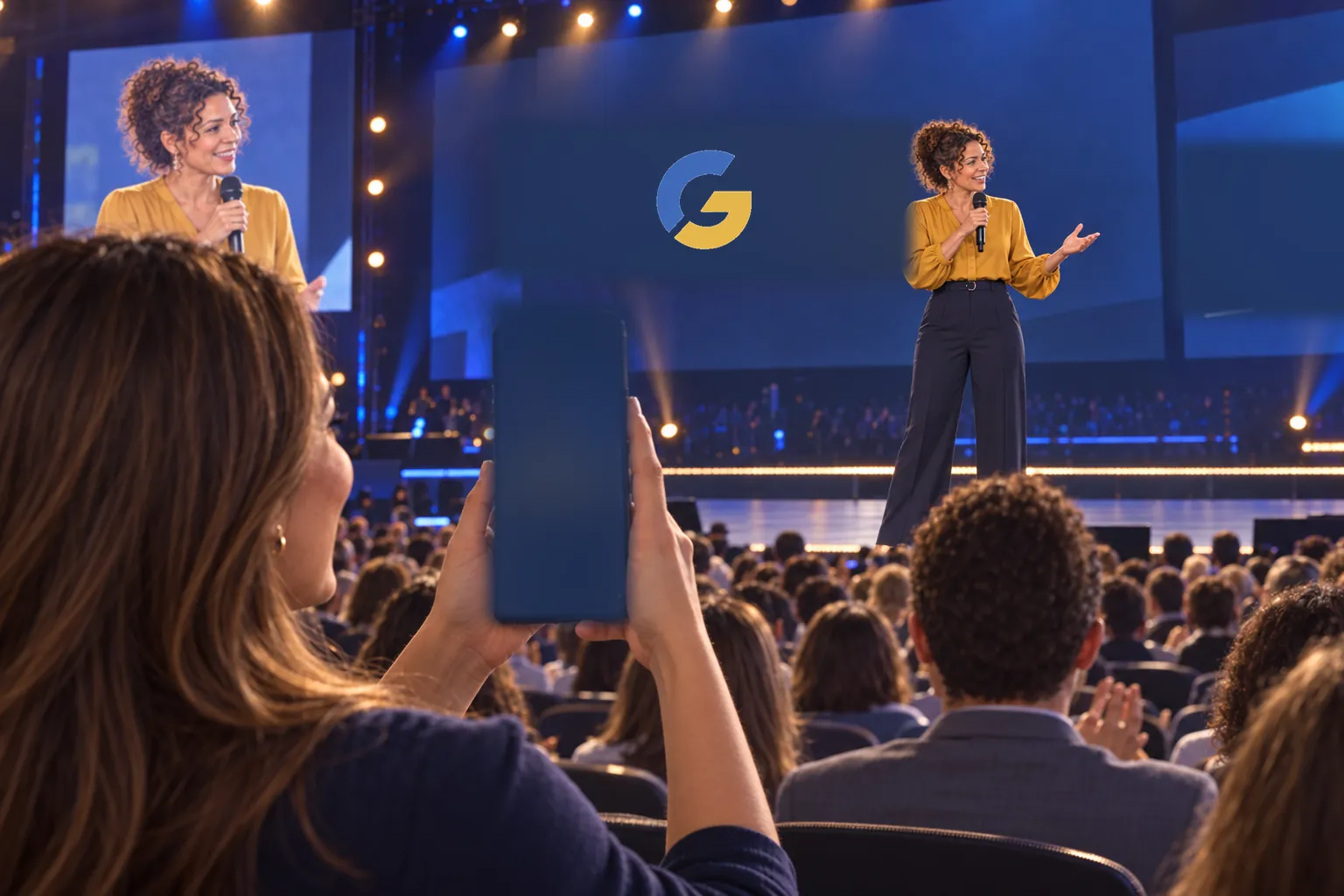 A speaker on a large stage while someone in the audience broadcasts her live through GoLaborate.