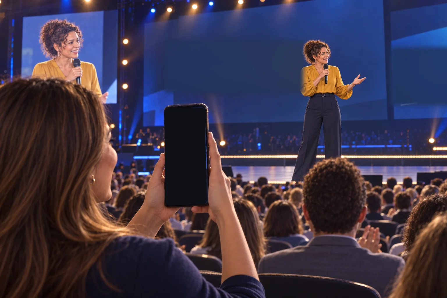 A speaker on a large stage while someone in the audience broadcasts her live through GoLaborate.
